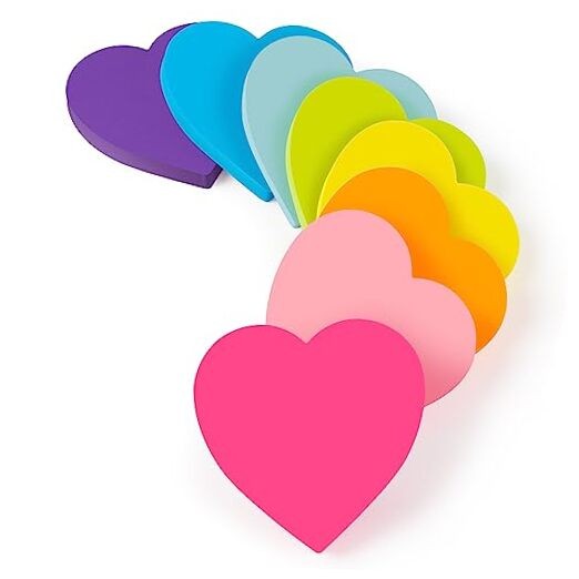 Heart Sticky Notes 3x3 in, 8 Pads, Super Cute Bright Color Strong Heart Shape