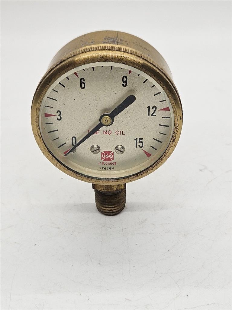 NOS Acetylene Gauge, Low Pressure, 2-Inch, 1/4" NPT, 0-15 PSI, Brass Body, Glass