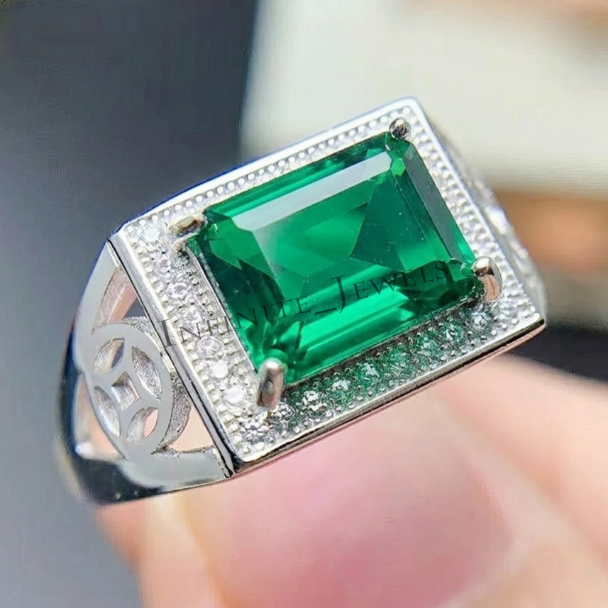 Men’s Emerald Ring 925 Sterling Silver Green Gemstone Statement-Engagement Ring