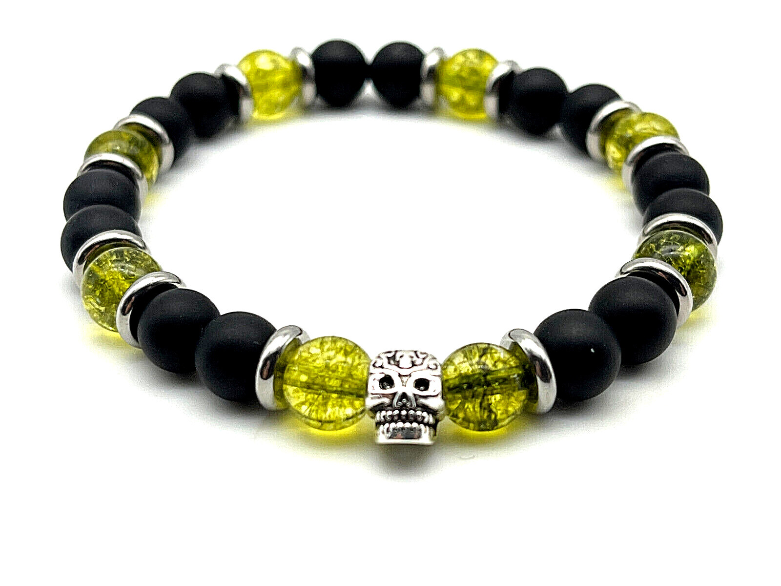 Matte Onyx Peridot Sterling Silver Skull 10mm Gemstone Beaded Bracelet