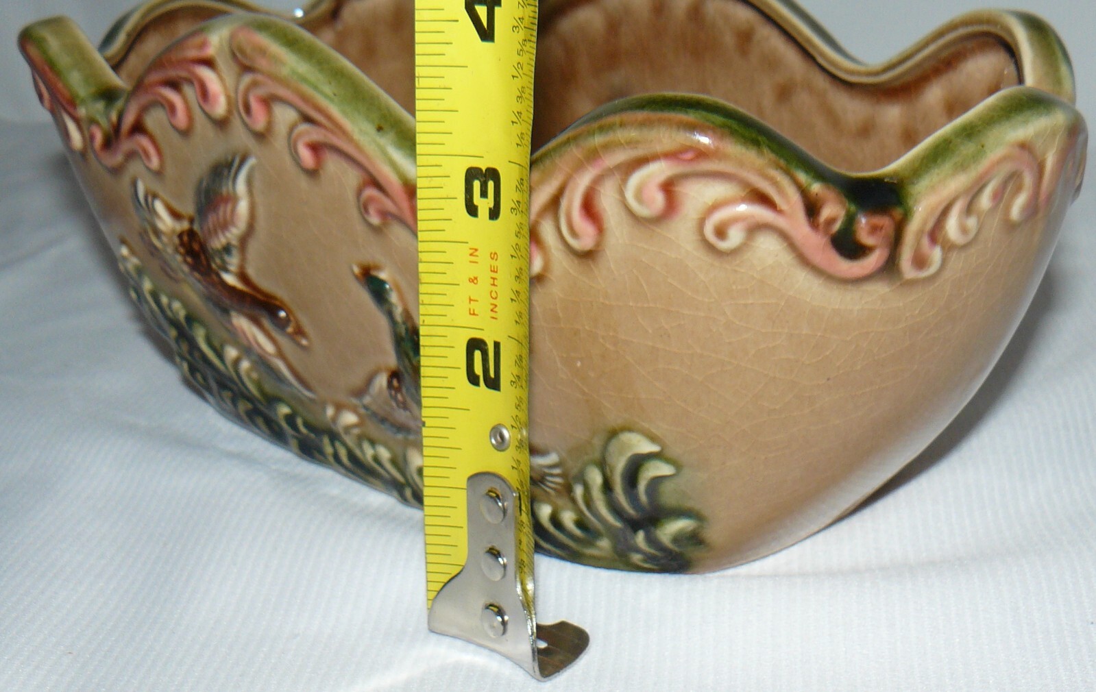 Vintage Square Oval Ruffle 9" Long Planter Crackle Ceramic Ducks In Flight
