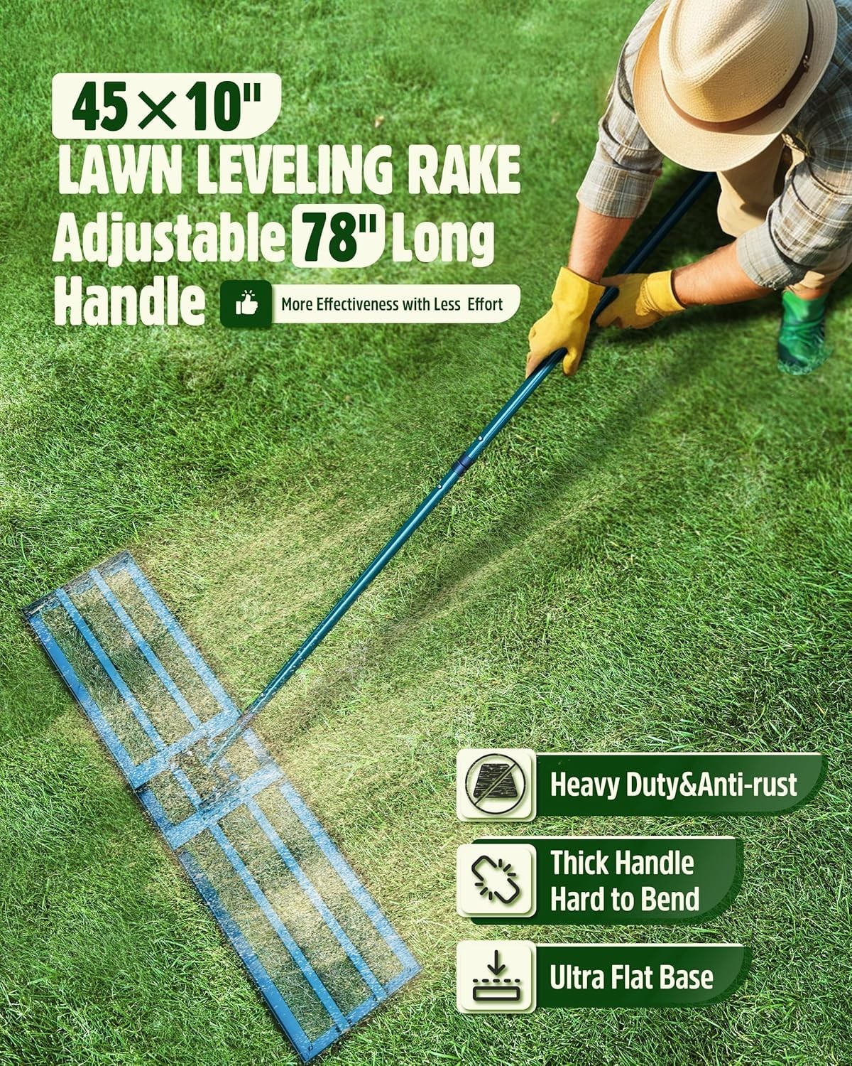 Adjustable 78" Long Handle Lawn Leveling Rake, 45"x10" Plate