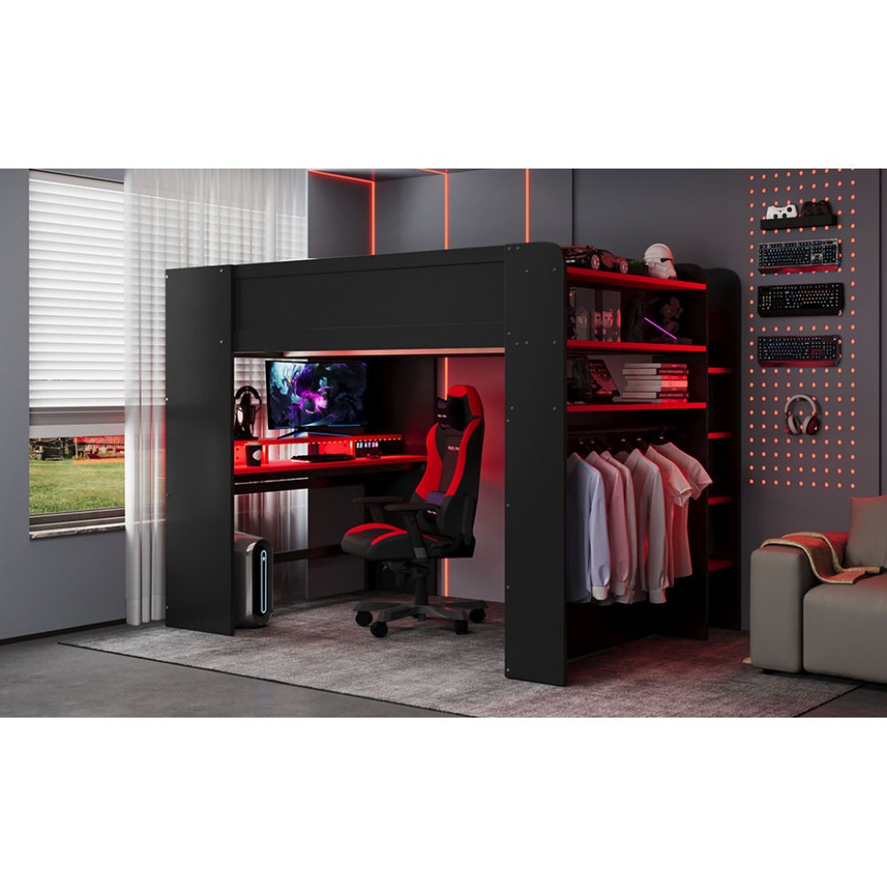 Full Size Bunk Bed with Desk, RGB Lights, Wardrobe, Storage for Gaming Setup