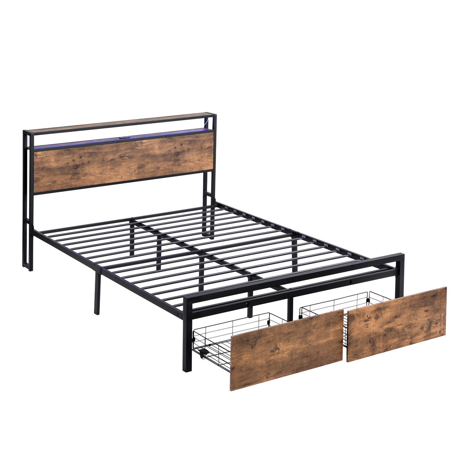 Queen Size Bed Frame with Storage Headboard & 2 Drawer Metal Platform Bed New