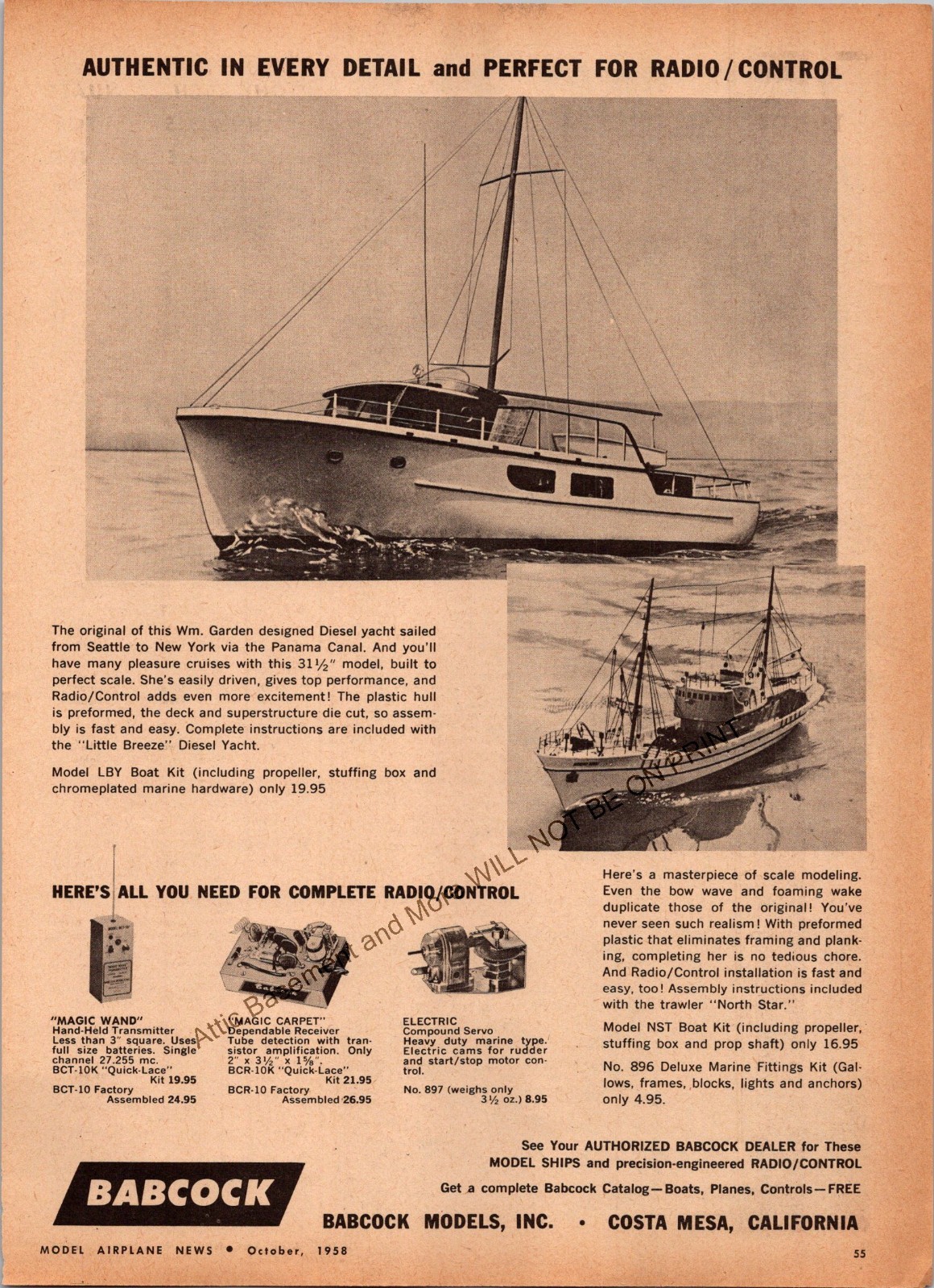 Babcock Little Breeze RC Boat Print Ad 1958 Wall Decor Ephemera North Star