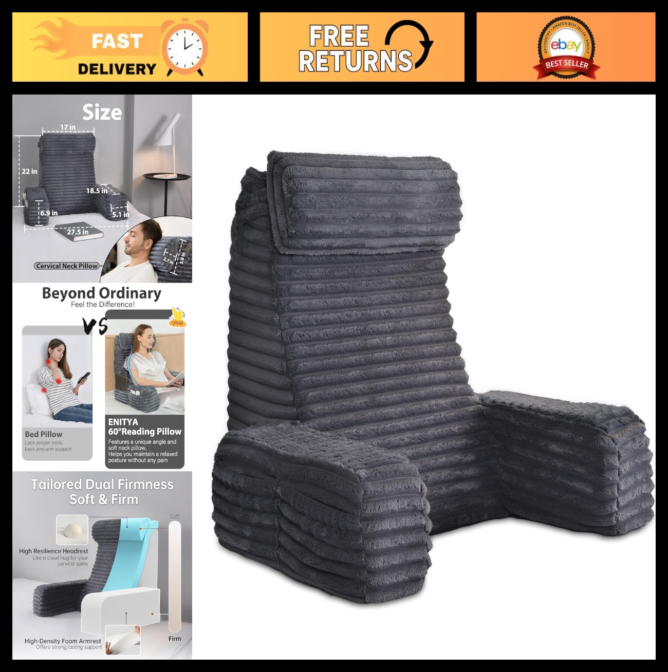 22" XL Back Pillow for Bed - Reading & Gaming Support, Soft with Arms, Dark Grey