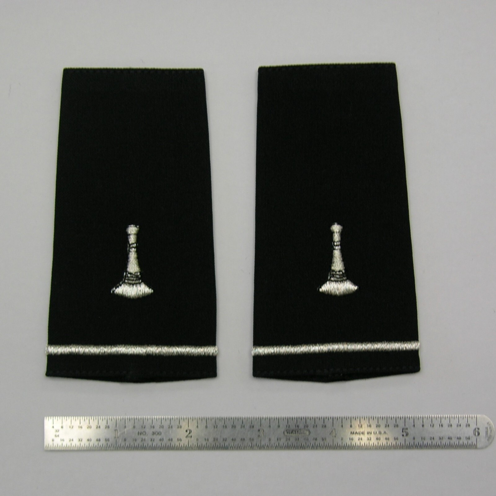 Fire Dept. Epaulettes, 1 Bugle - Silver Embroidery On Blue Fabric - 1 Stripe