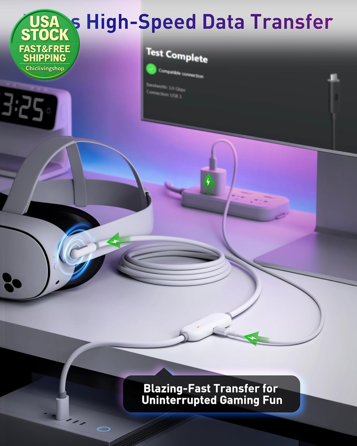 16FT VR Link Cable USB 3.0 for Meta Quest 3 3S 2 Pico 4 Fast Charge