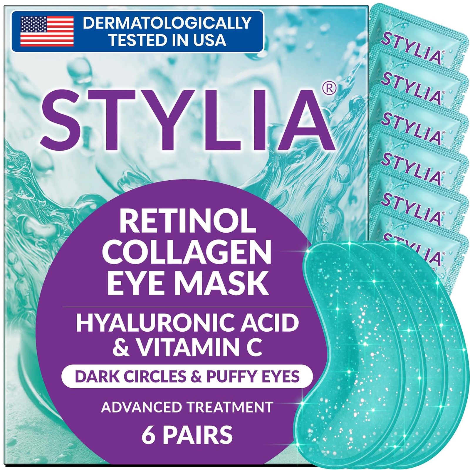 Stylia Under Eye Patches Marine Collagen Retinol Vitamin C Hyaluronic 6 Pairs