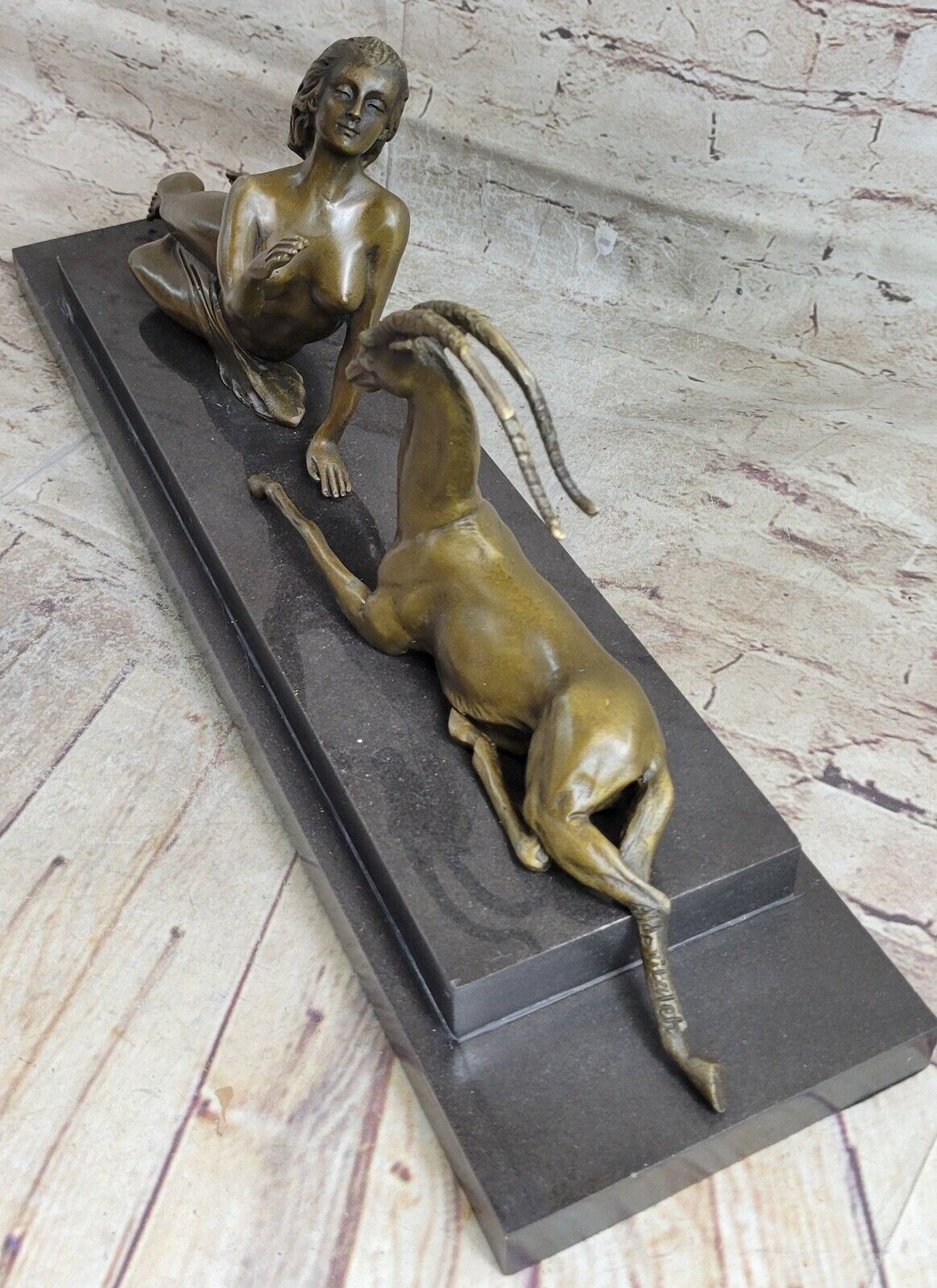 SIGNED ALDO Vitaleh Italian Artist Bronze statue Nude girl w/goats sculpture Art