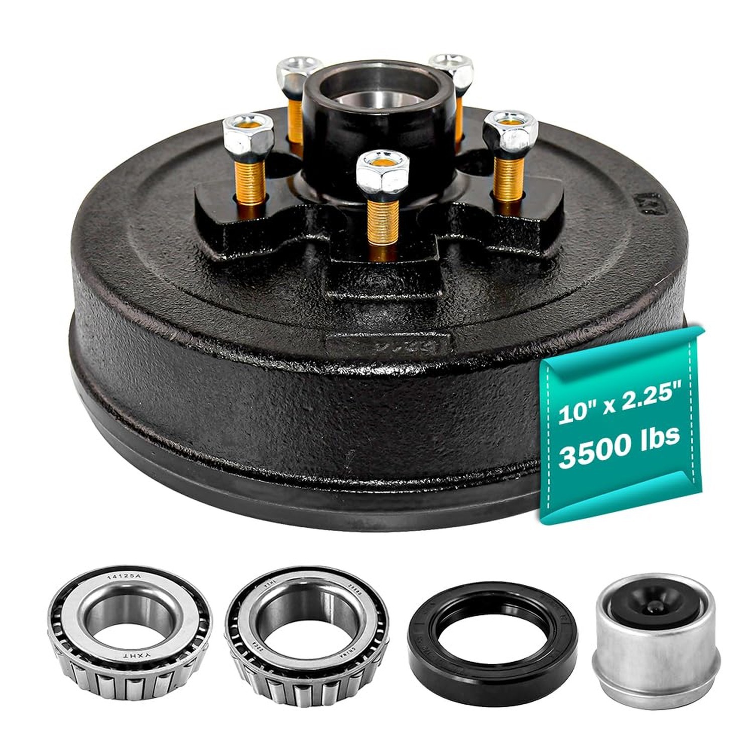 10" x 2-1/4" Trailer Brake Drum Kit 5 on 4.5" for 3500 lbs Heavy Duty 5 Bolt ...