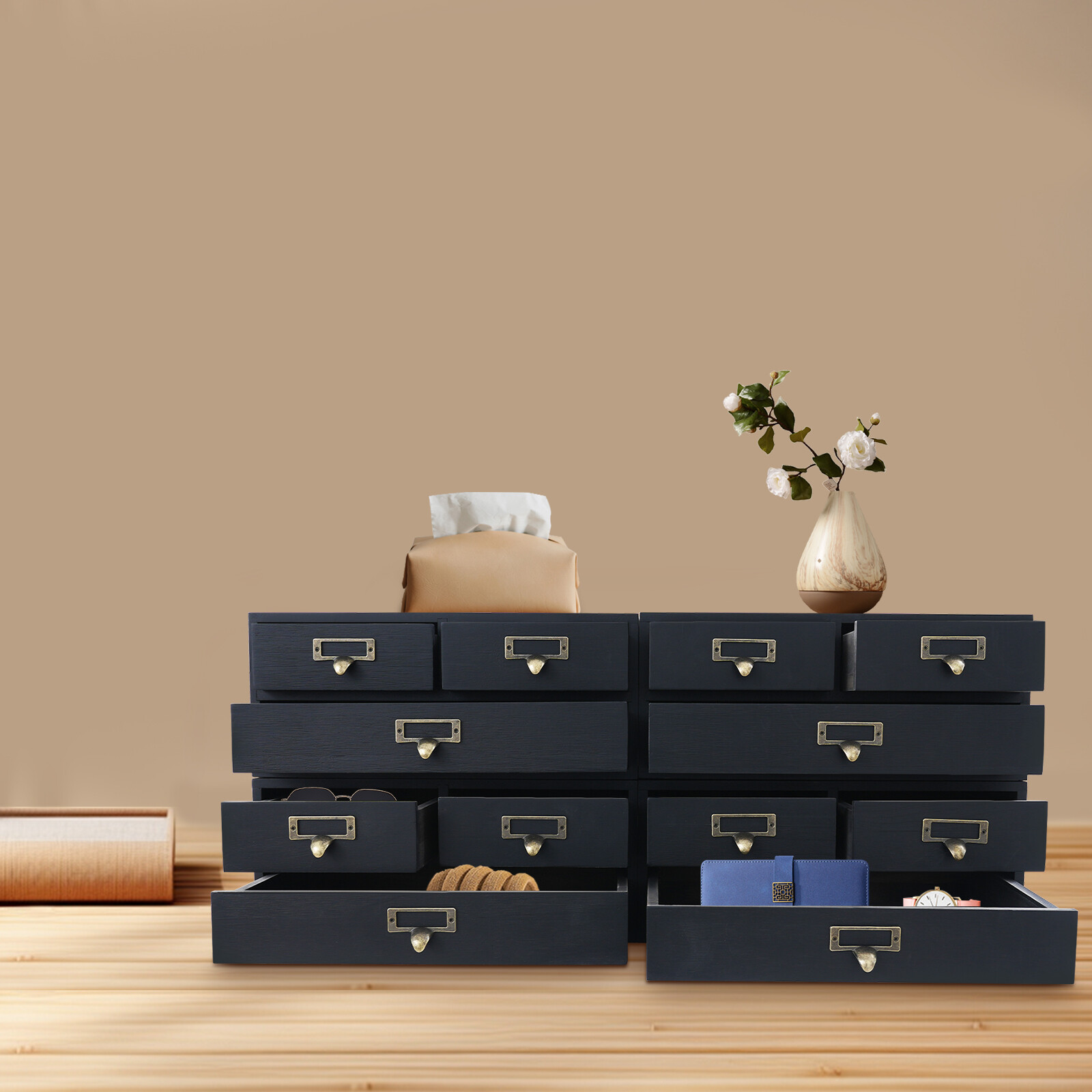4 Pack 3 Drawer Wooden Desktop Organizer Drawer Storage Box For Tabletop- Black