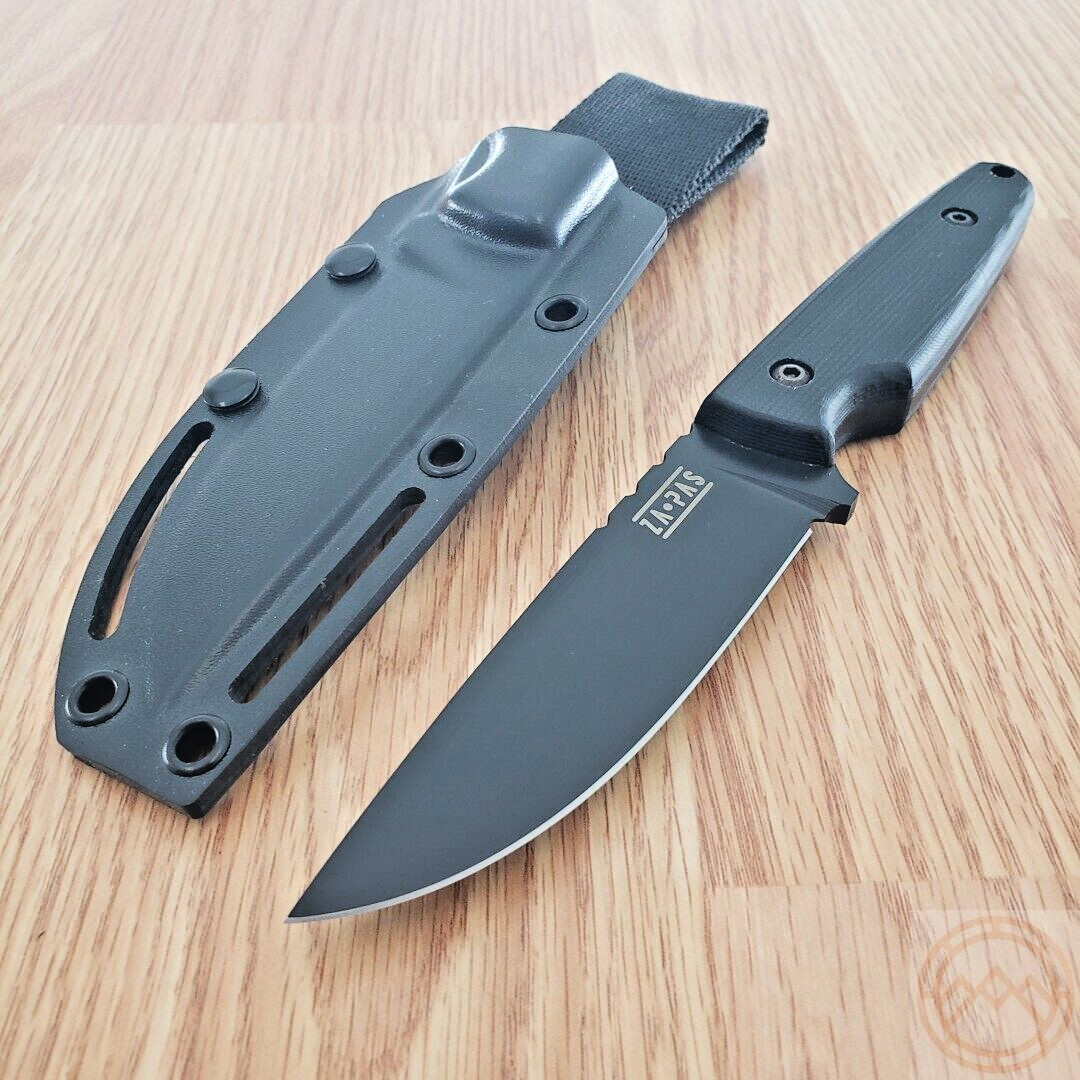 ZA-PAS Knives Handie Fixed Knife 4.25" Carbon Steel Full Blade Black G10 Handle