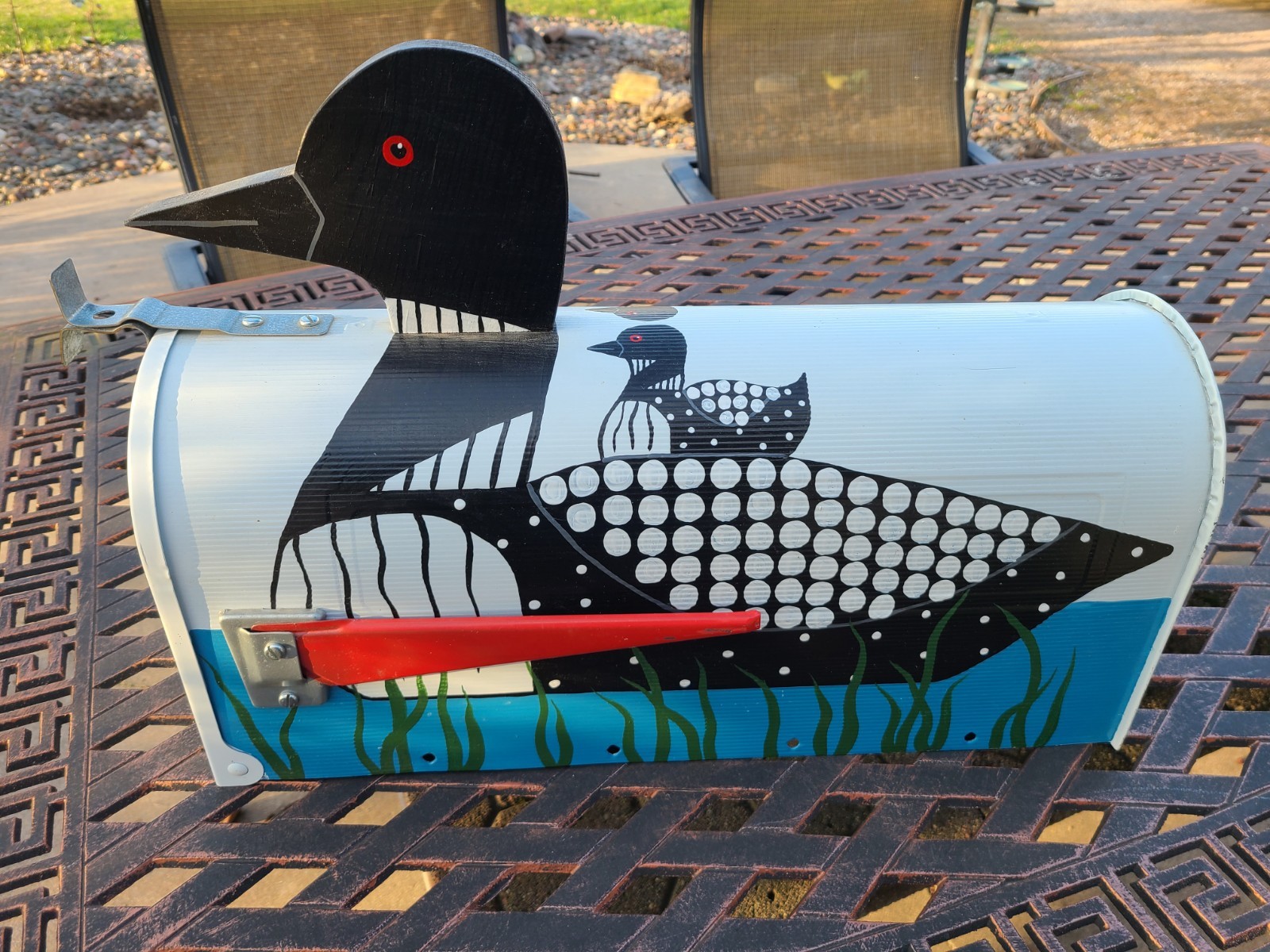 Nos Hand painted Mailbox Loon & Baby Scene Vintage Steel City 1986 Cabin County