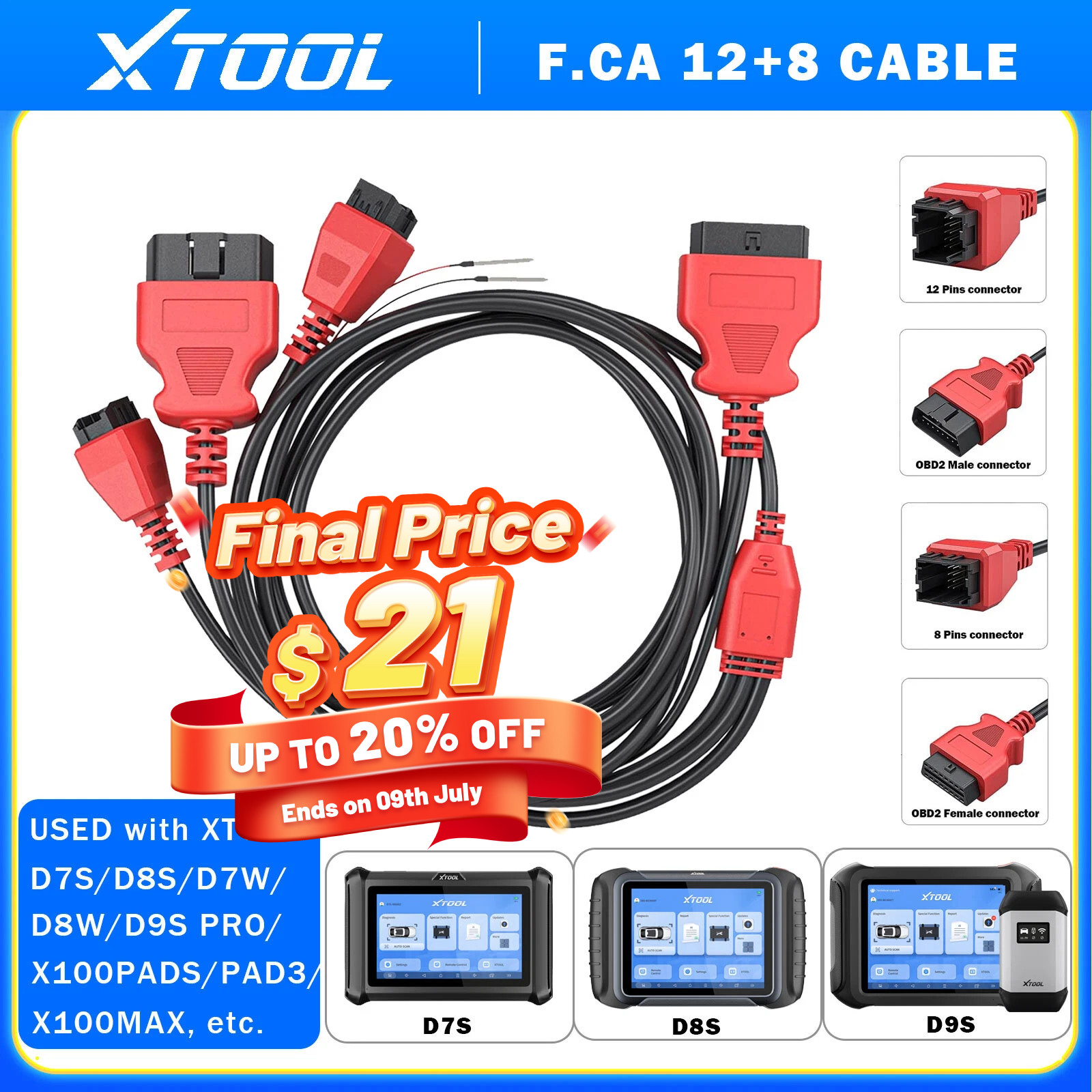 XTOOL 12+8PIN Cable Auto Diagnostic Scanner Adapter D7 D8 EZ400 Fit for Chrysler