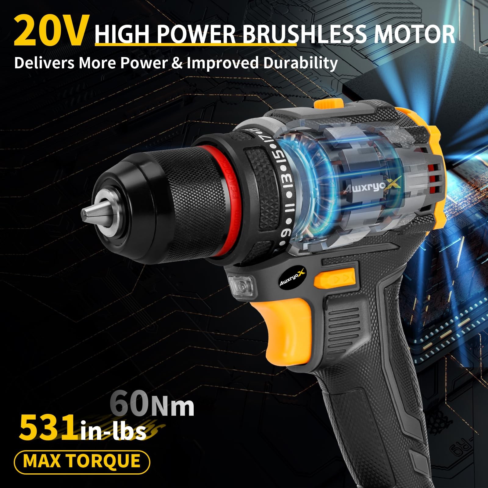 Brushless Compact Drill Tool Set 60n.m 20v Cordless Drill Tool Box With 2 Batter