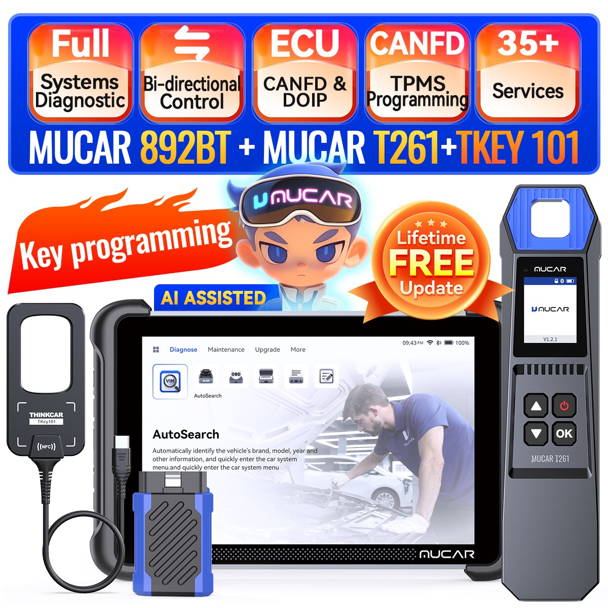 Mucar 892BT/T261 OBD2 Scanner All Systems Diagnostic Tool + Tkey 101 Programmer