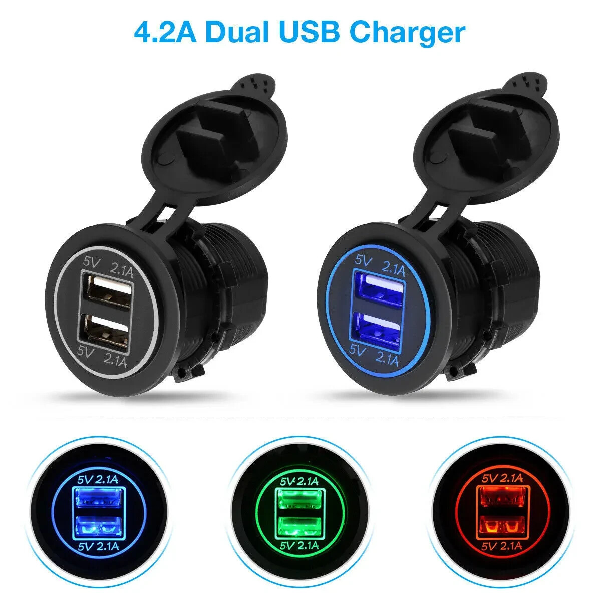 12V Car Cigarette Lighter Socket Dual 2.1A USB Port Charger Power Outlet LED Lit
