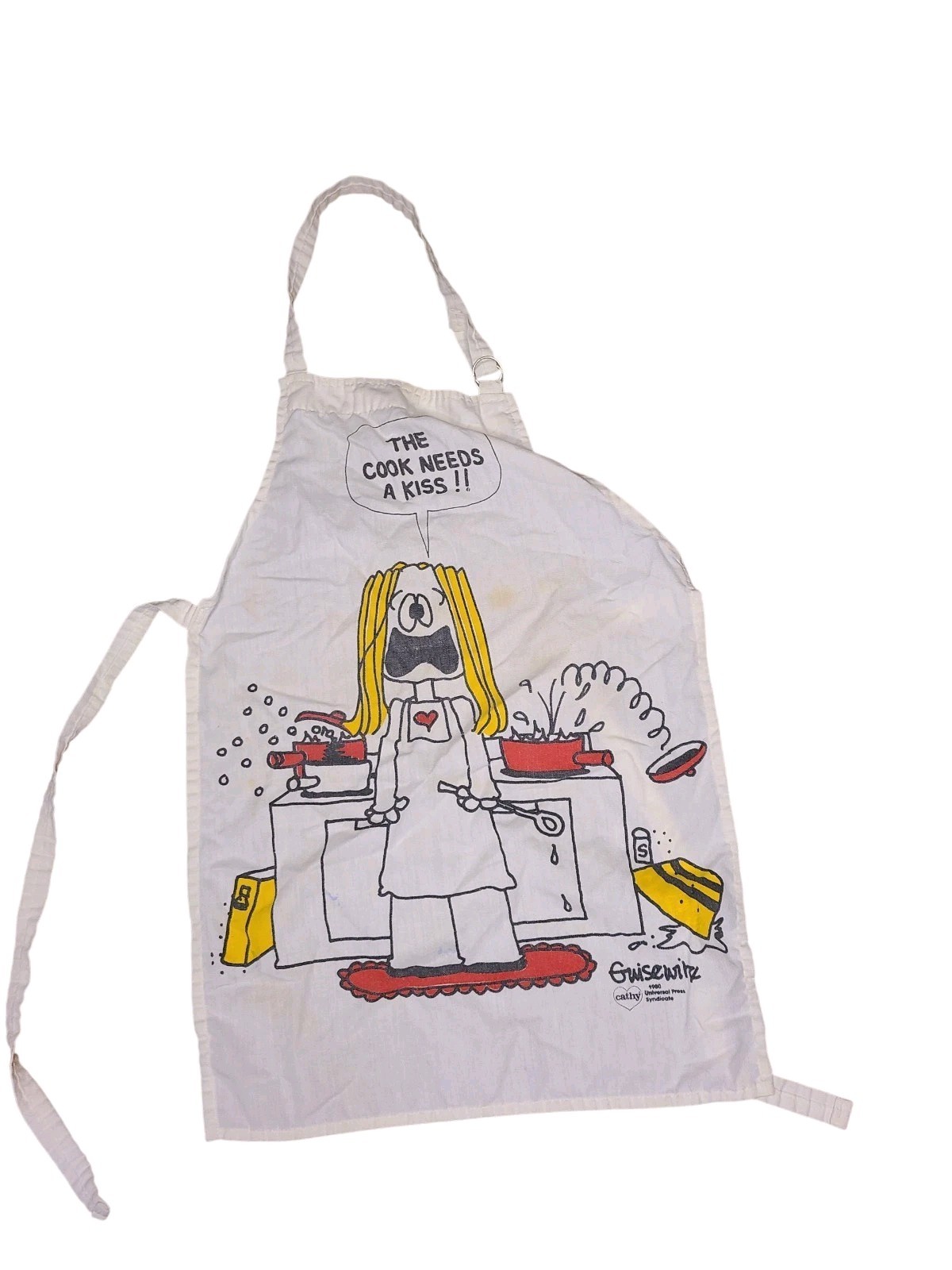 Vtg Cathy Cartoon Apron 1980 Comic Strip Cook Needs a Kiss STAINED Funny