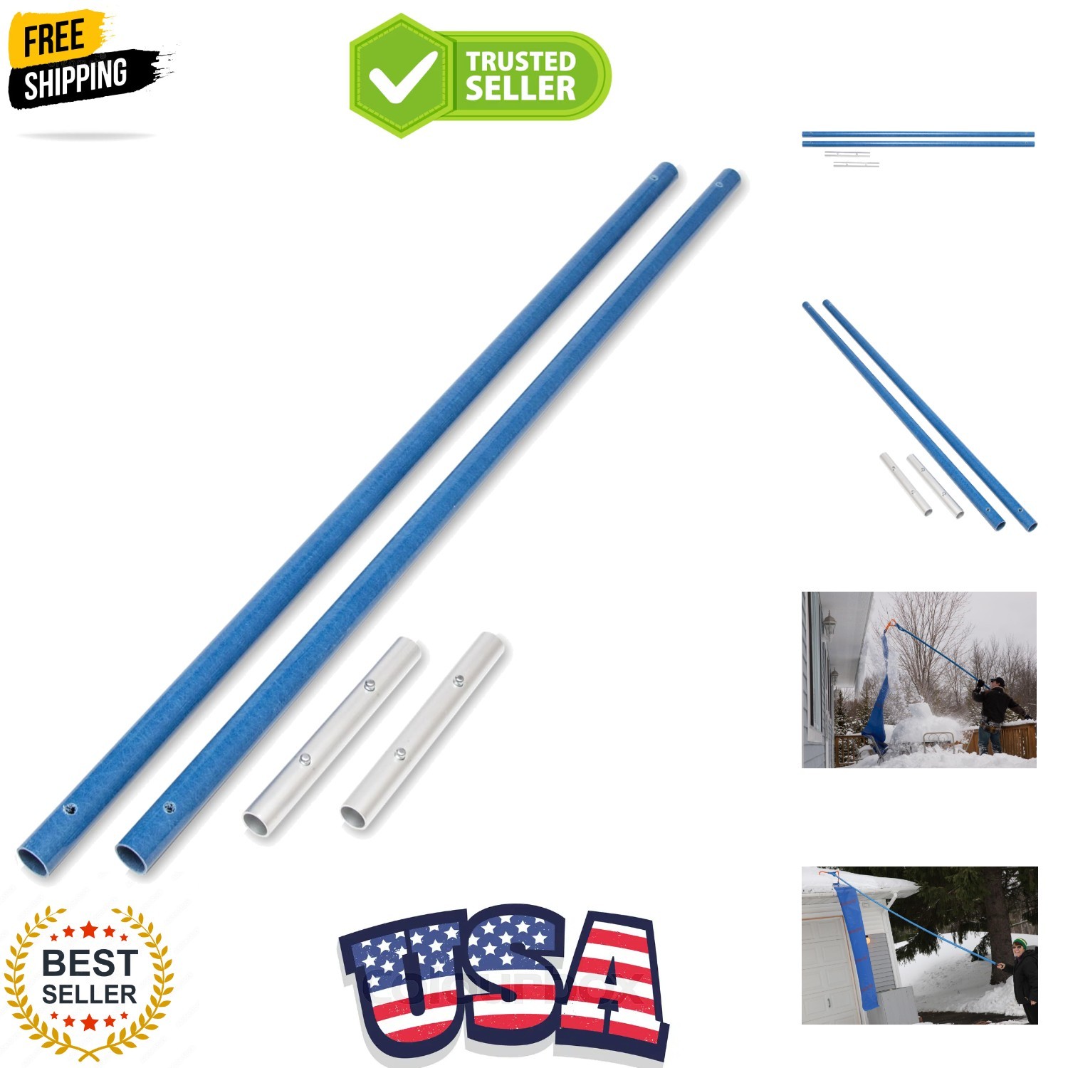 Handle Extension Kit - Extends Snow Roof Rake by 8 Foot - Large - 4 Piece - B...