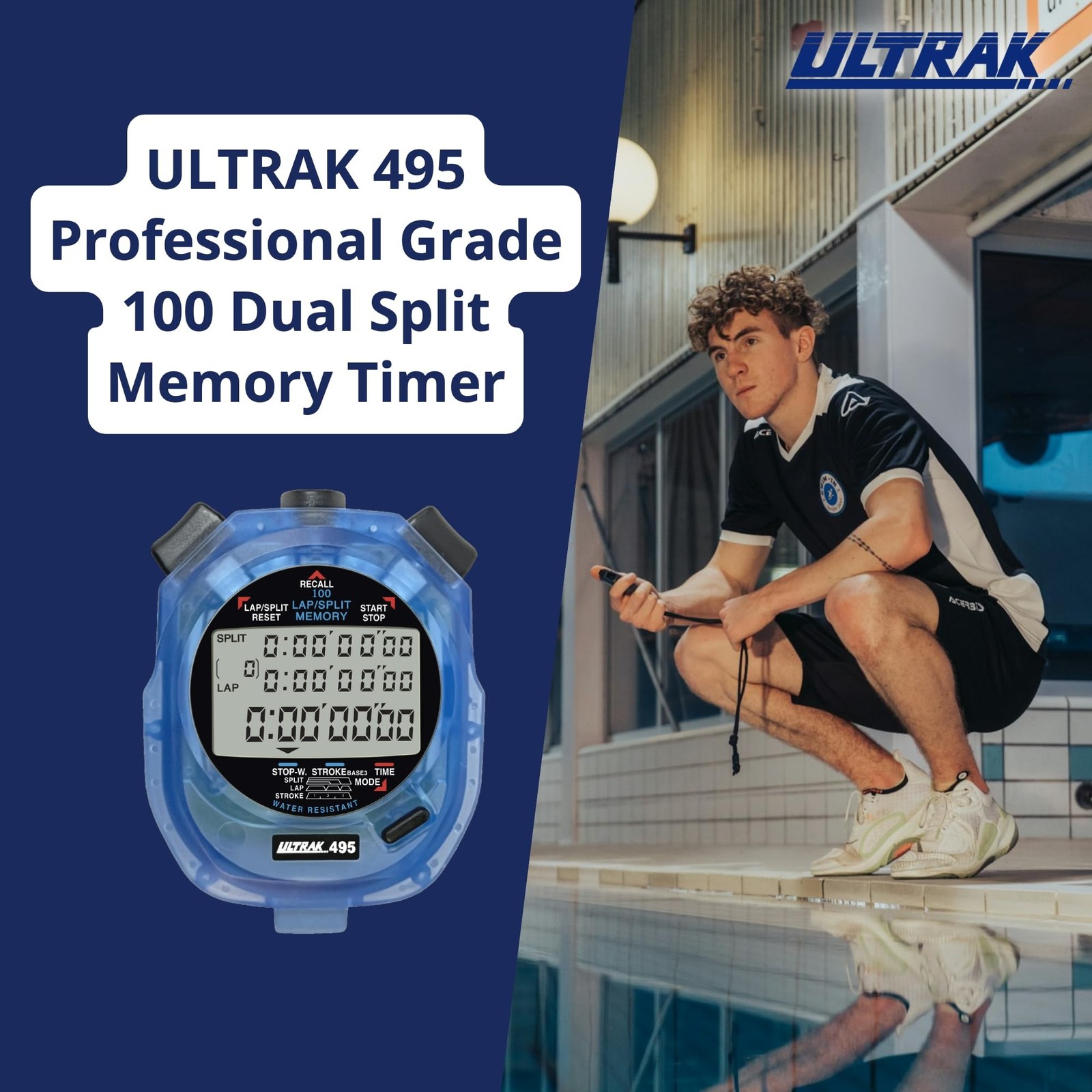 ULTRAK 495 Stopwatch – Blue Professional 100-Lap Digital Timer, Countdown