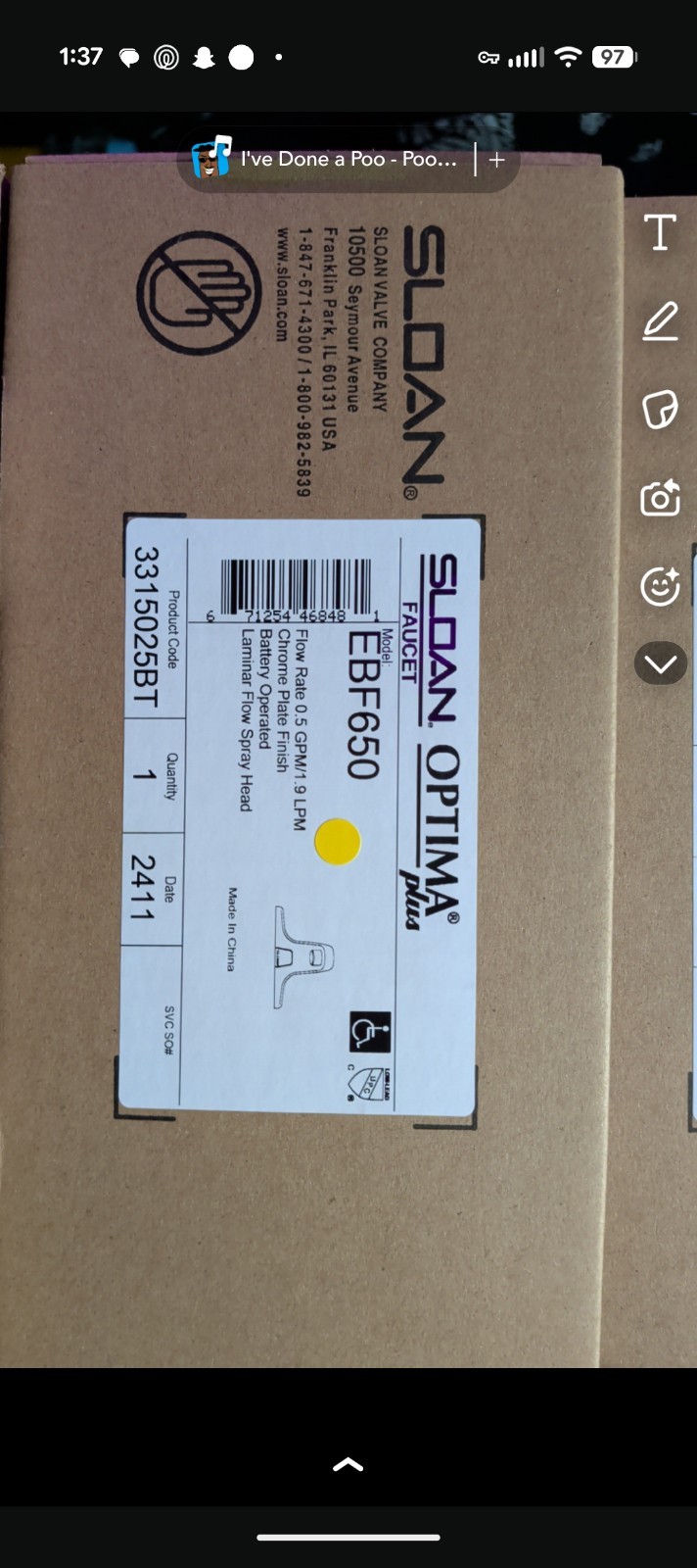 Sloan Optima Plus EBF650 Touchless Sensor Bathroom Faucet (Missing Controller)