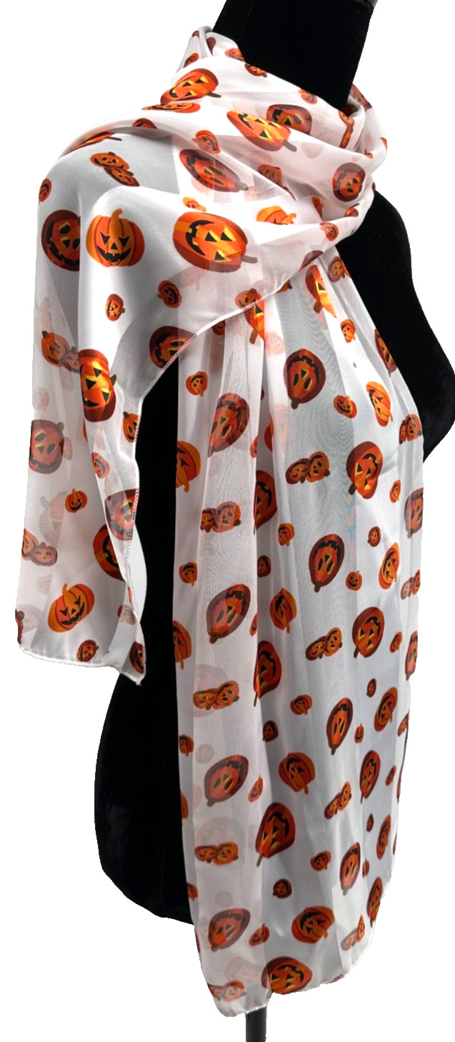 Silk Feel Womens White Tone On Tone Stripe Halloween Pumpkin Rectangular Scarf