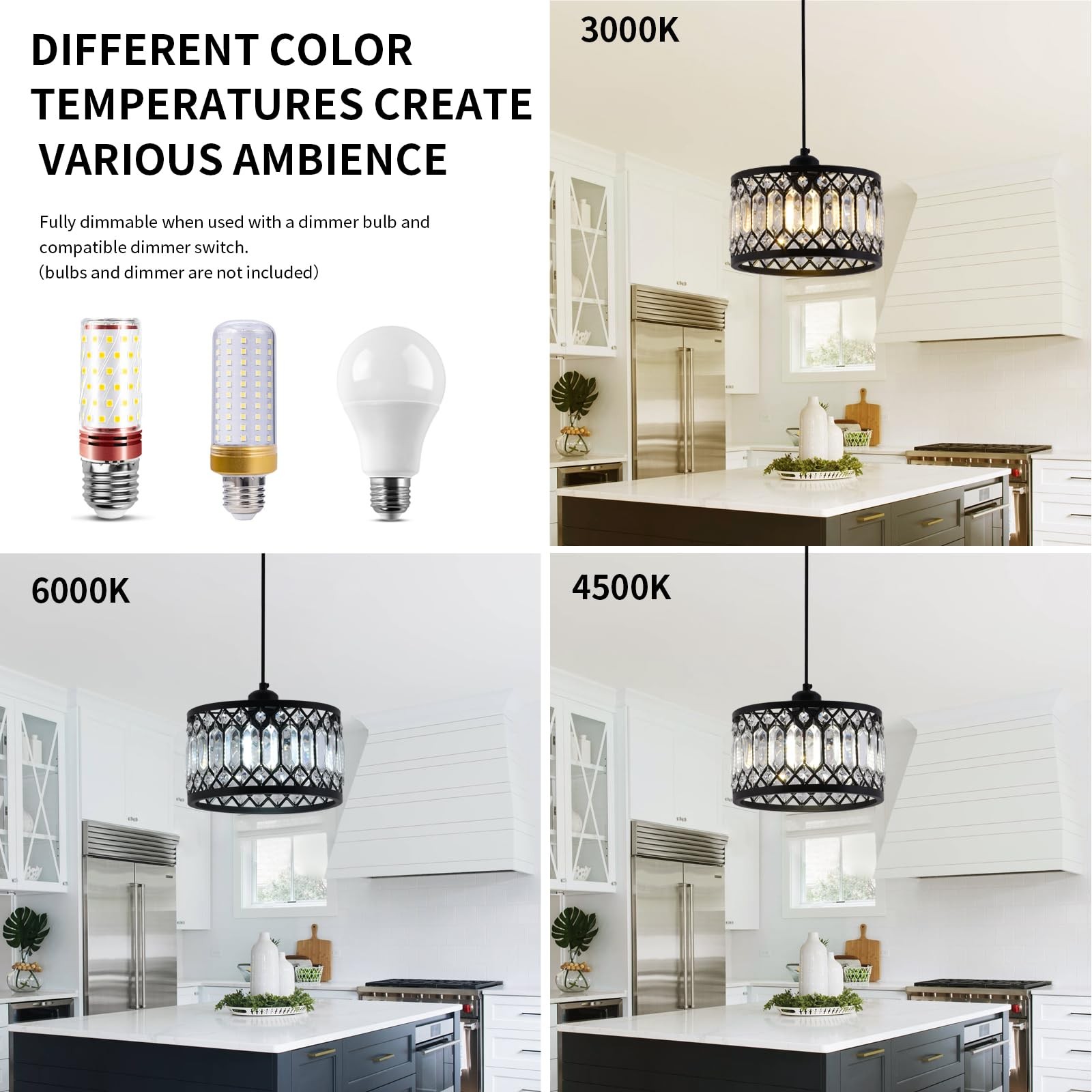 Crystal Black Pendant Light Fixture, Modern Hanging Ceiling Light Adjustable ...