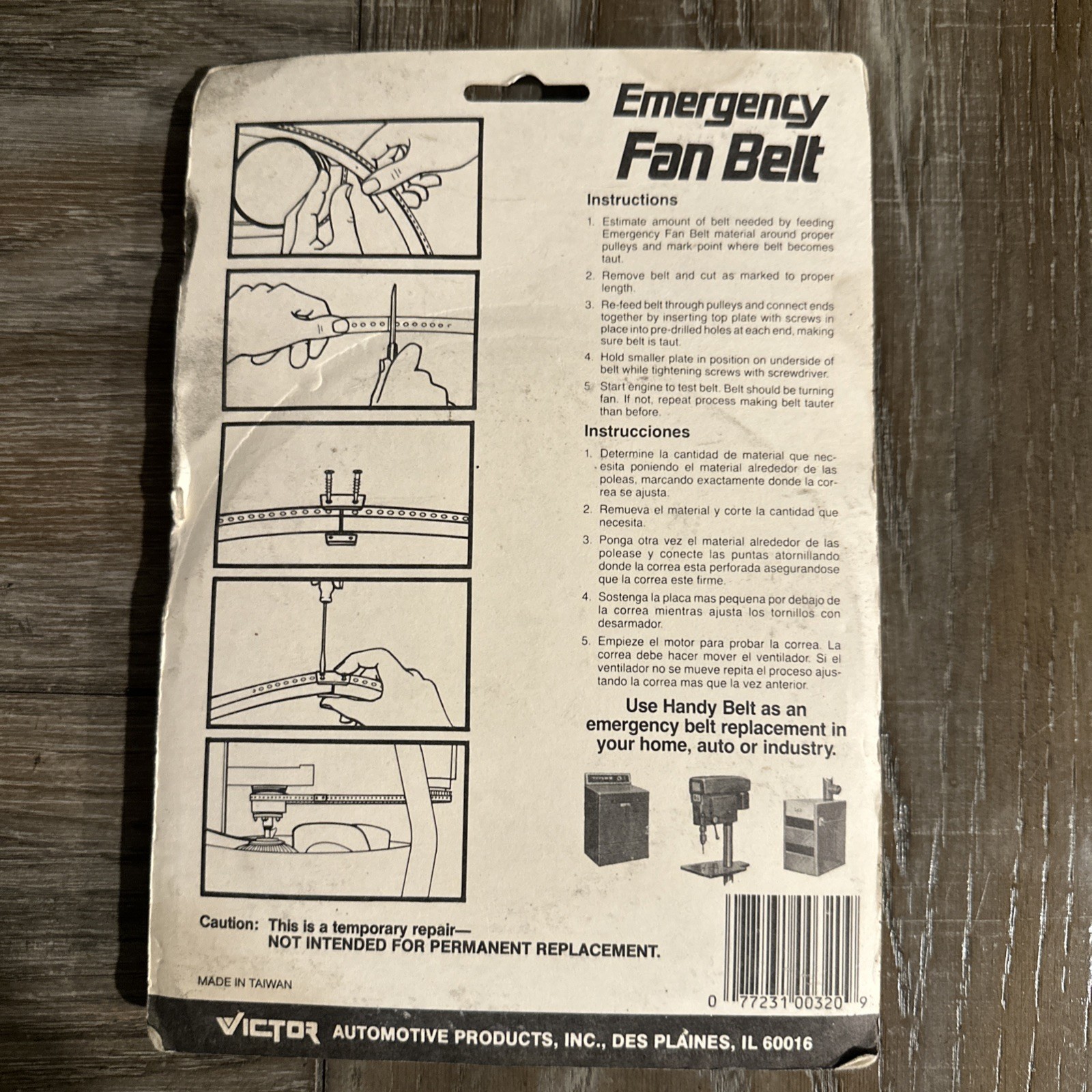 Victor Emergency Fan Belt 5ft Belt, 1 Fastener, 1 Screwdriver, and 1 Cutter NEW