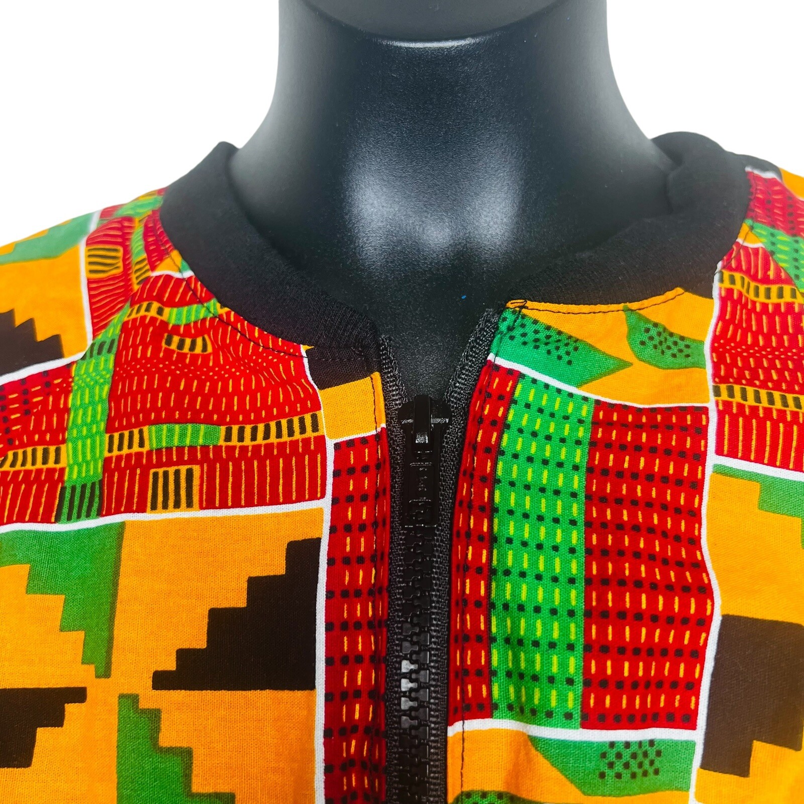 Orange & Multicolor Ghana African Print Girl Jacket & Skirt Set ￼