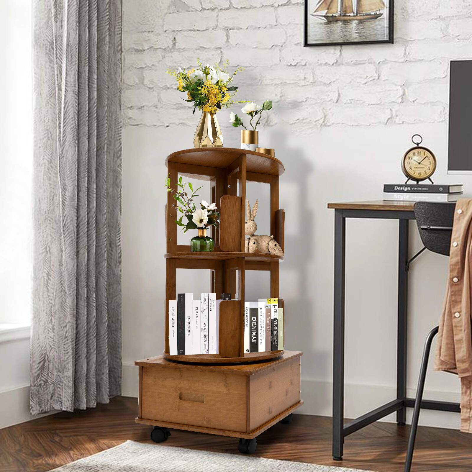 Multi Storage Table, Side Table with Rolling Wheels, Removable Swivel Bookcase