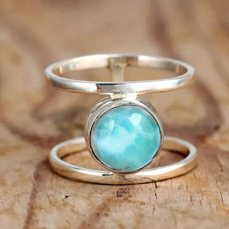 925 Sterling Silver Larimar Gemstone Handmade Statement Woman Ring All Size R26