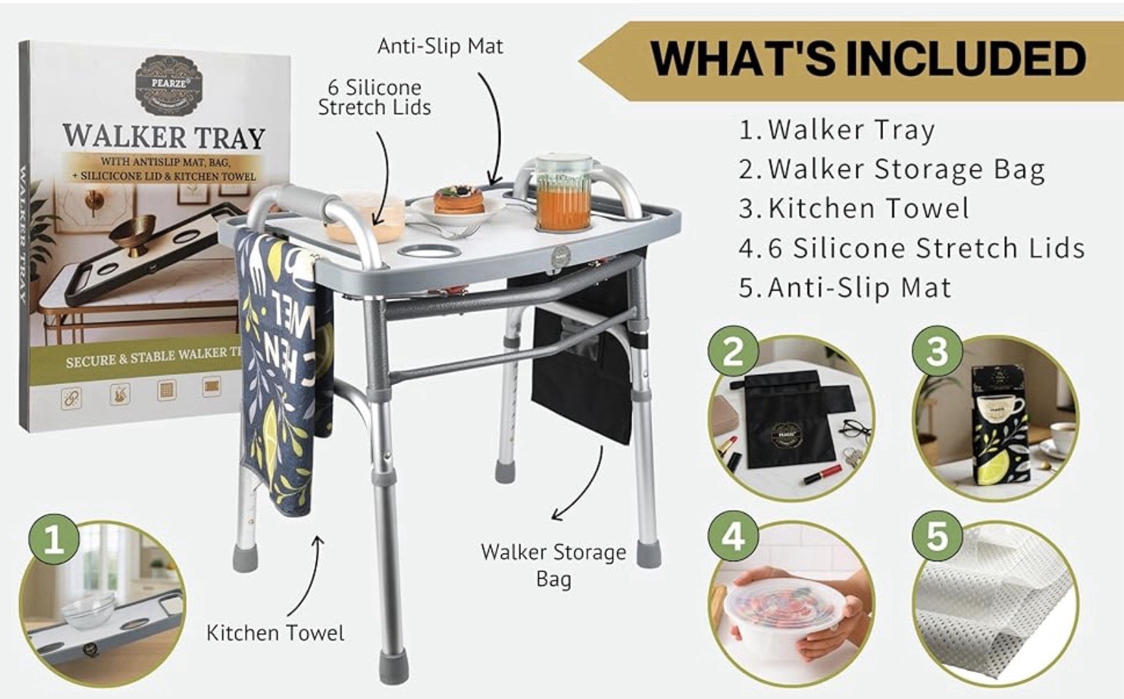 Pearze®️ Walker Tray for Rolling Folding Walker with Cup Holders ~ Nonslip Mat