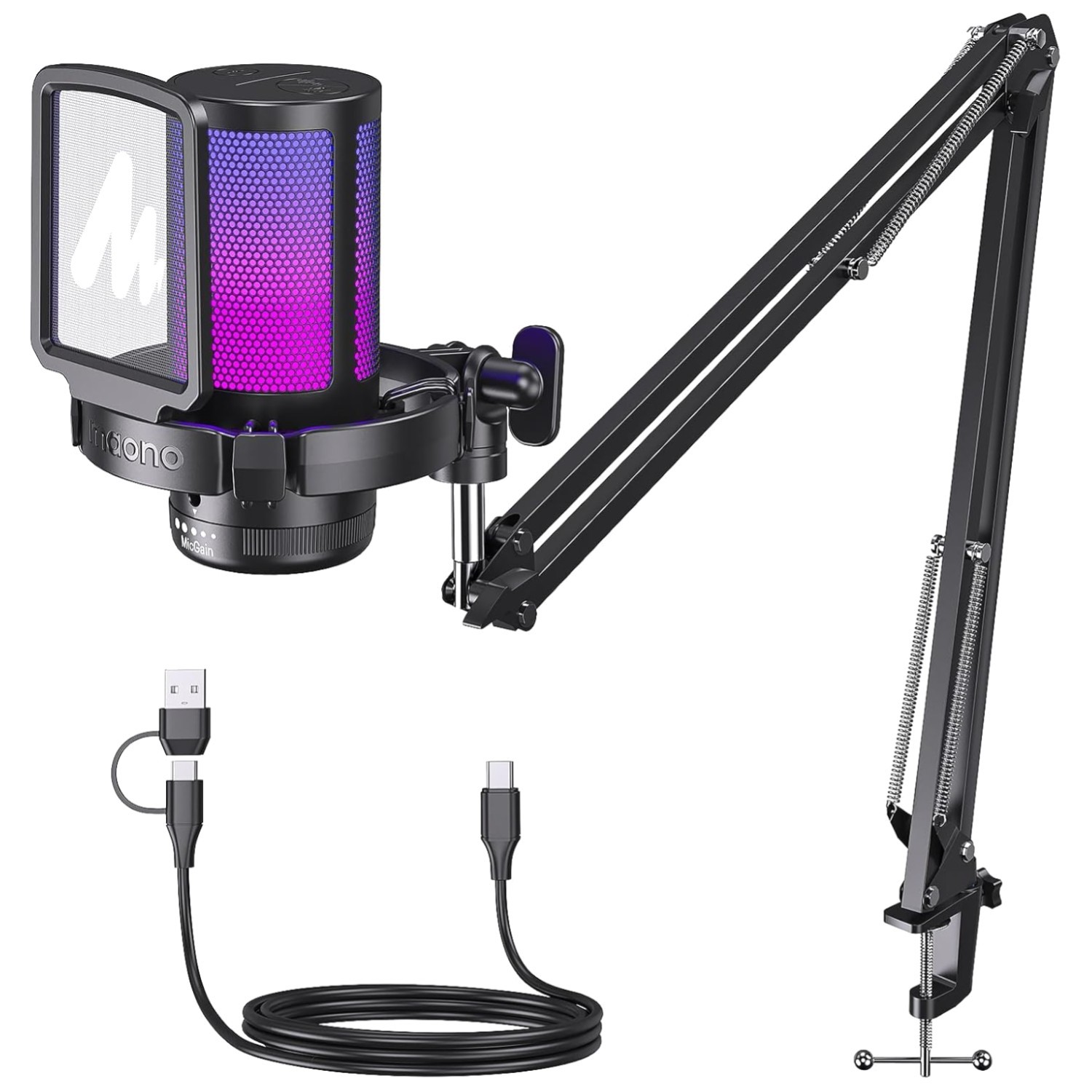 All-in-One USB Gaming Mic Set with Noise Cancellation, Lighting & Boom Stand