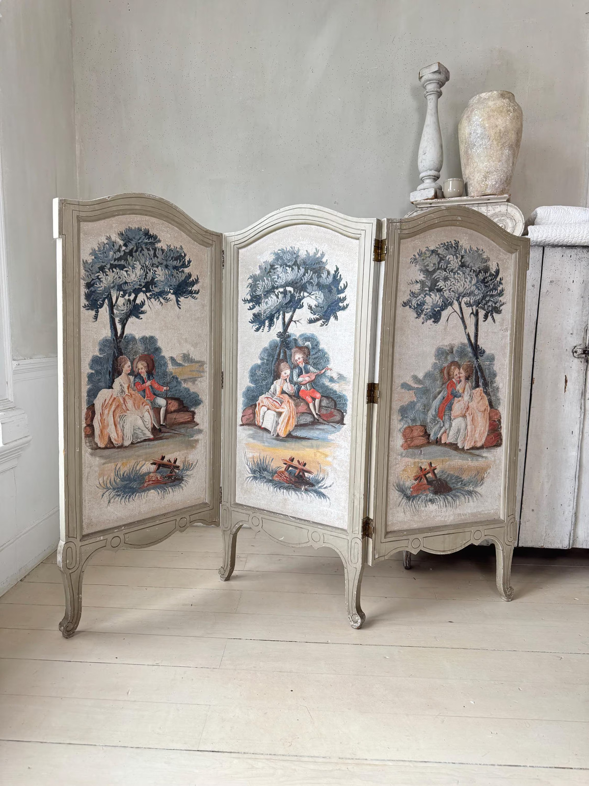 Antique French Hand Painted Folding Screen Louis XV Style Pastoral Rococo Room