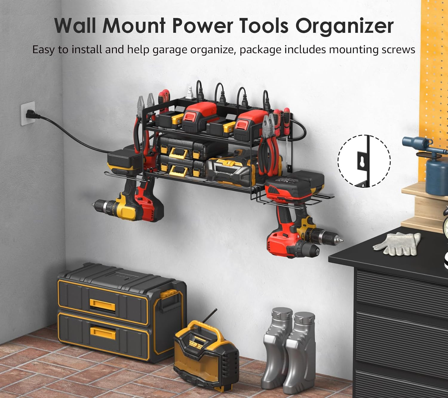 Garage Tools Storage with Charging Station. Power Tool Battery Organizer Utility