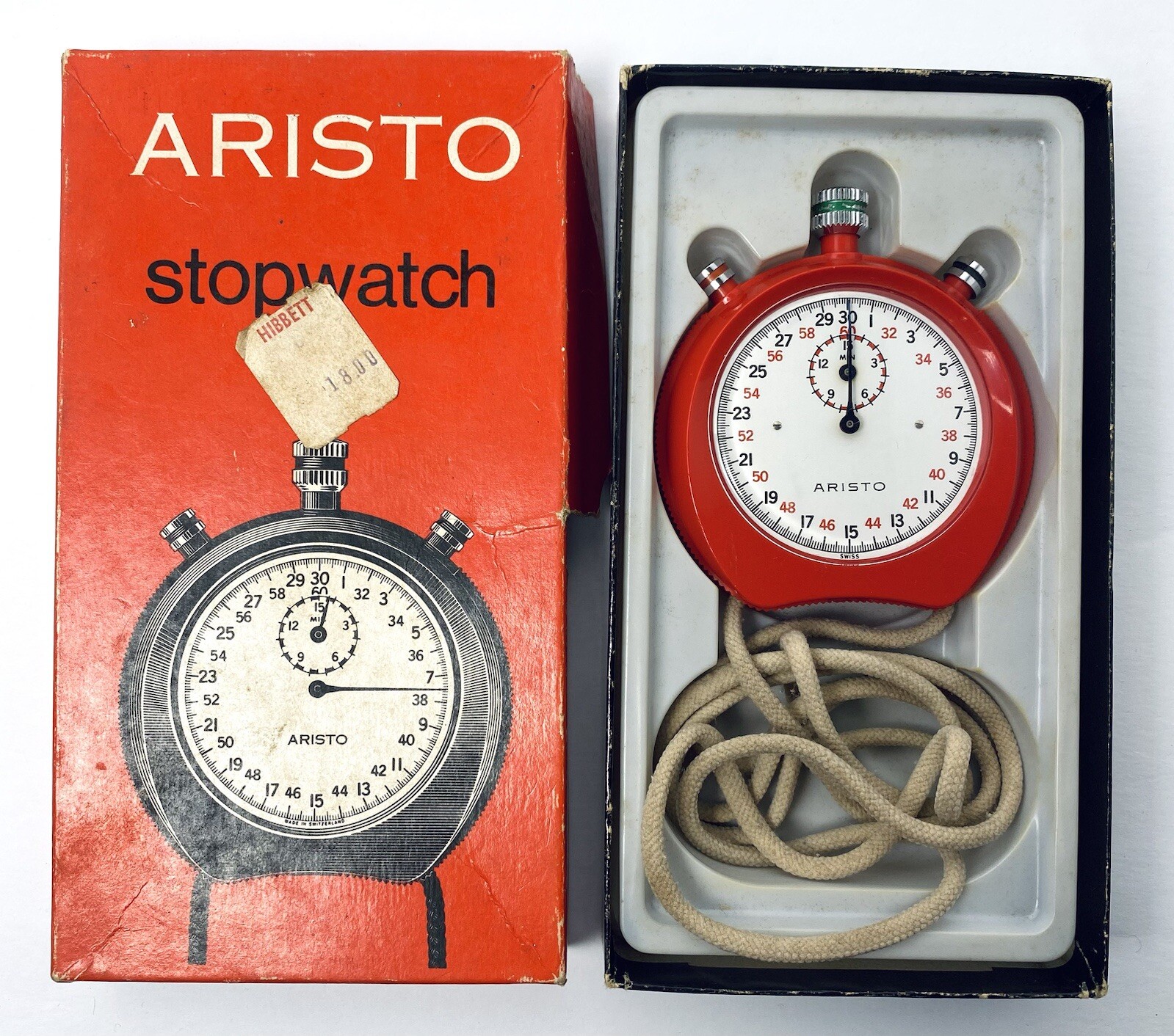Aristo Apollo 414 Stop Watch Red Stopwatch w Box Cord TESTED Working Switzerland
