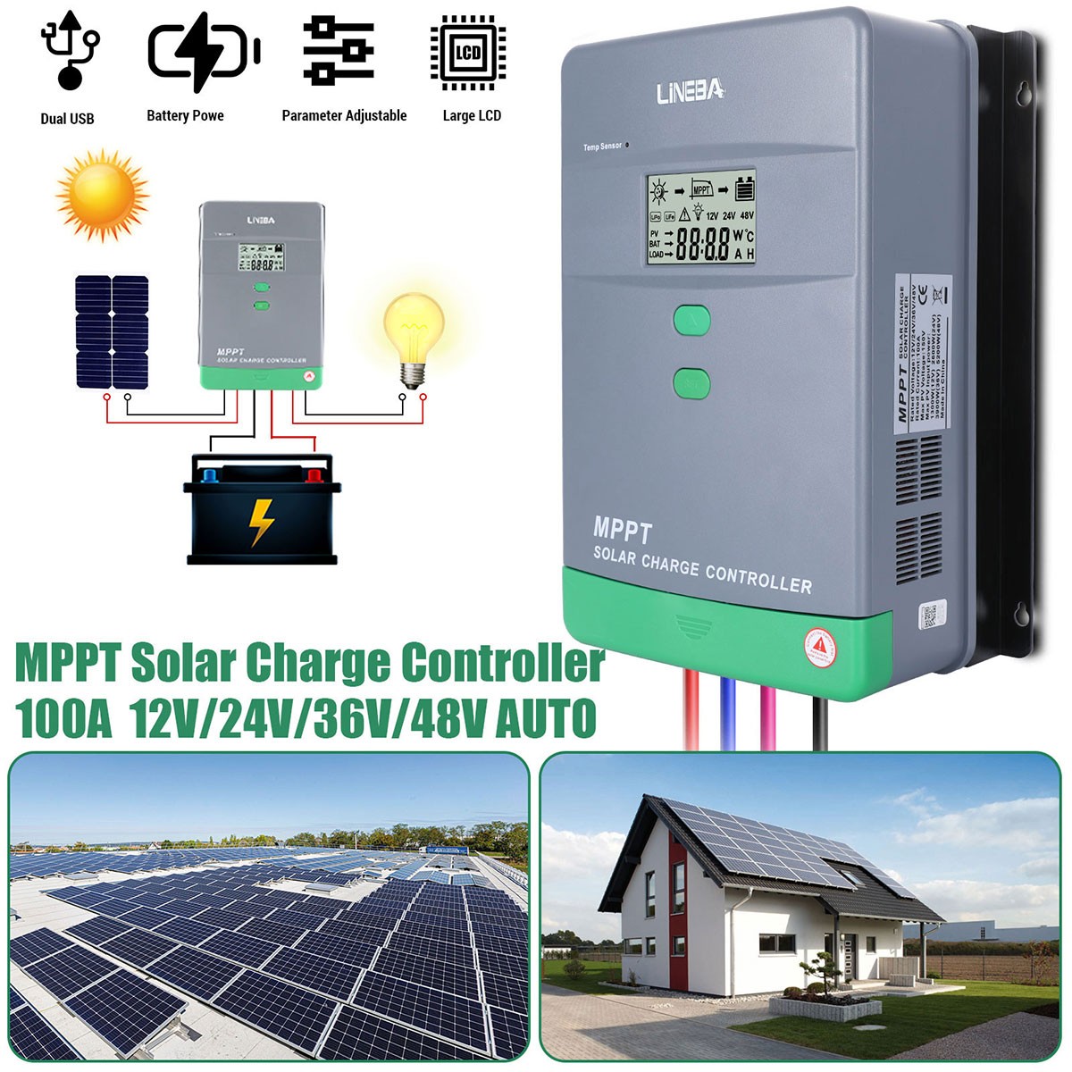 60A 100A MPPT Solar Charge Controller 12V 24V 36V 48V Battery 160VDC Parallel