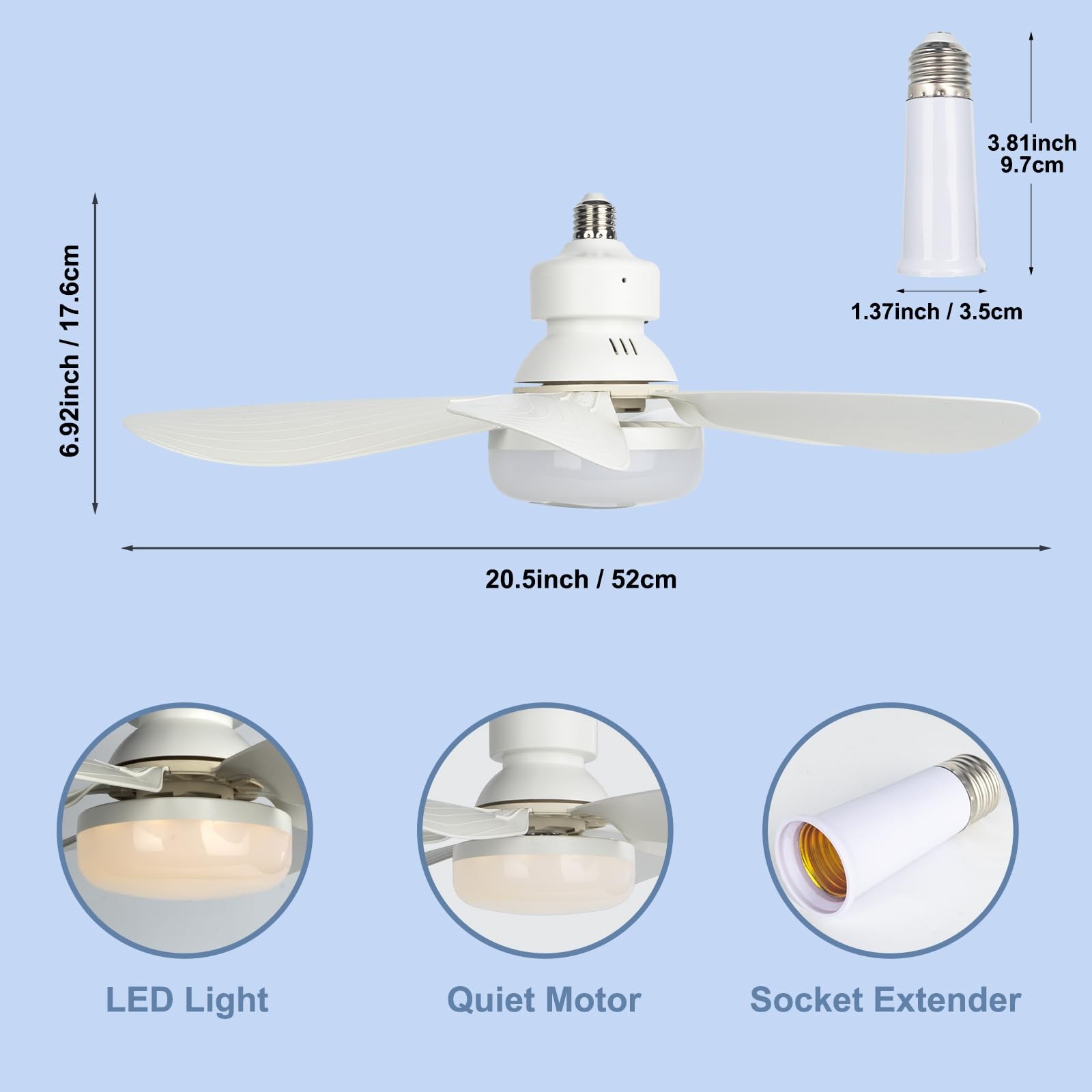 20.5 Inch Light Bulb Fan with Remote Dimmable Socket Ceiling Fan Light Combo LED