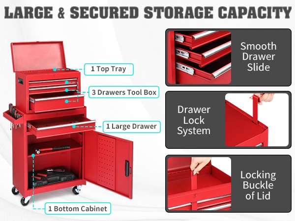 Rolling Tool Chest Tool Organizer Box with Lockable Wheels & Detachable Top NEW