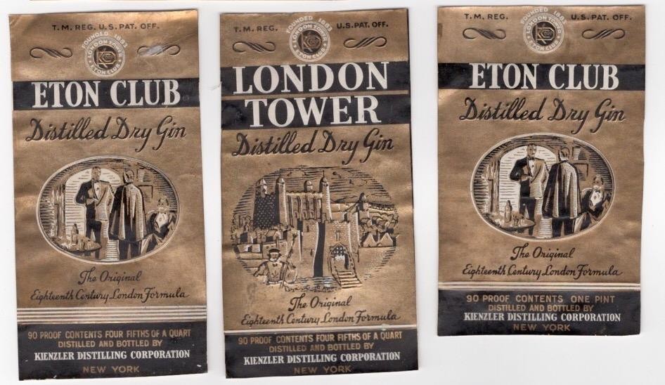 London Tower Eton Club Kindler Distilling Corp New York 3 gin labels W137
