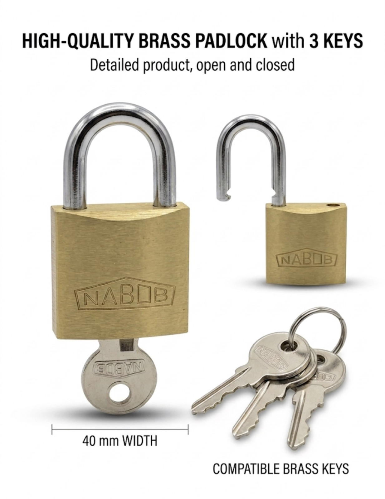 NABOB High-Quality Brass Padlock 40mm Width with 2 Compatible Keys