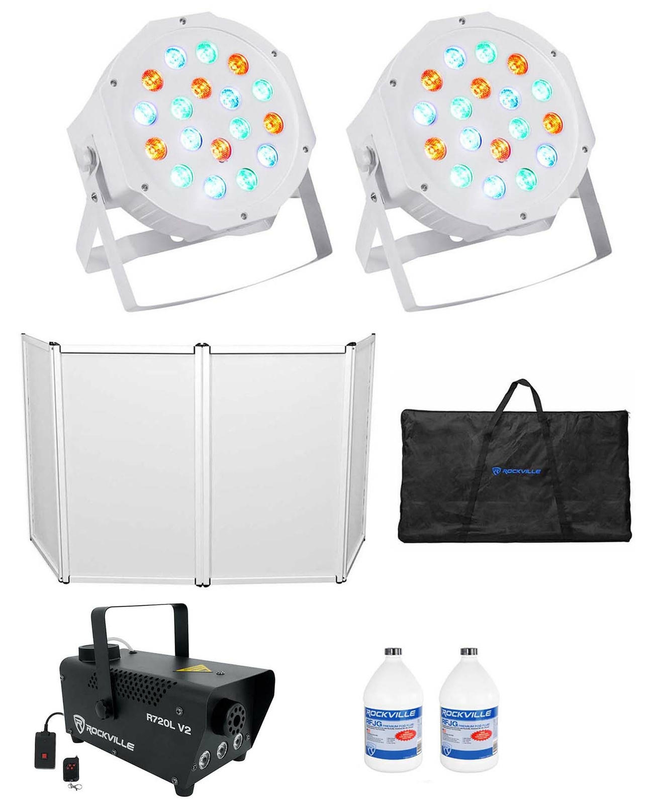 Rockville RFAAW DJ Event Facade Booth+Travel Bag+Fogger+Fluid+2) RGB Wash Lights