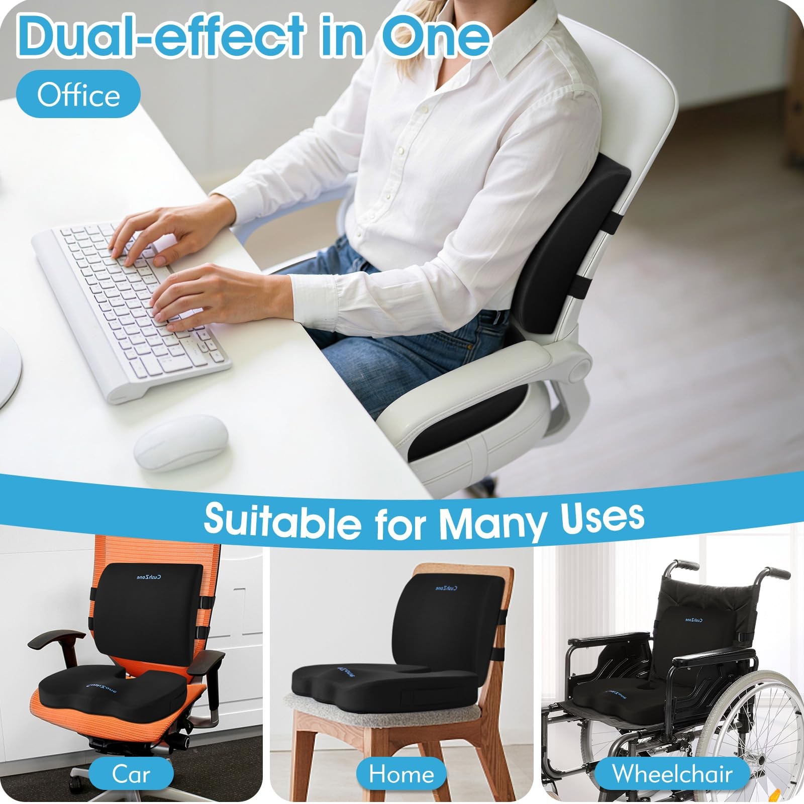CushZone Seat Cushion, Lumbar Support Pillow with Adjustable Large, Black