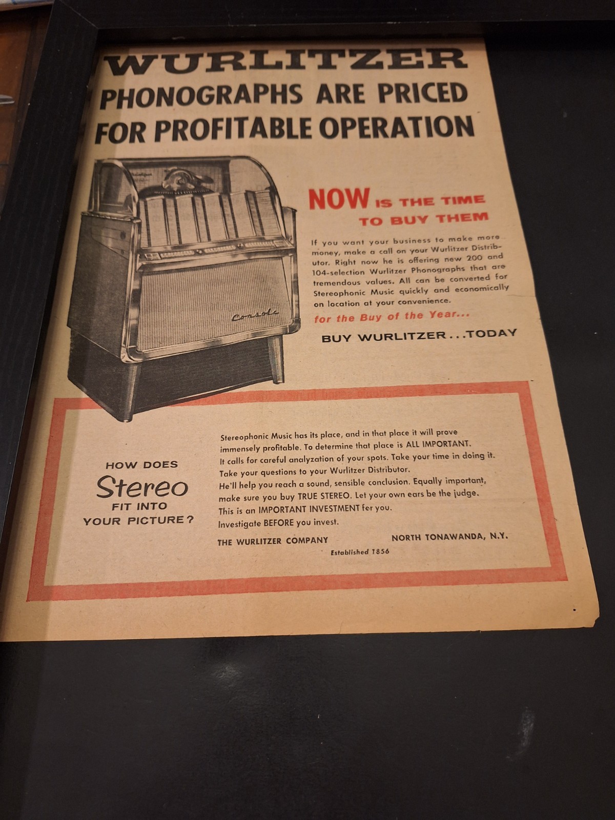 1958 Wurlitzer 2200 model jukebox Rare Original Promo Poster Ad Framed