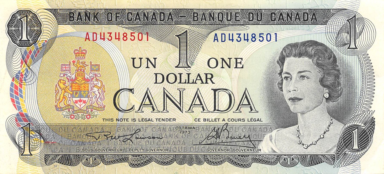 Canada  $1  1973  Series  AD  Que. II  Plate 70  Circulated Banknote M12J