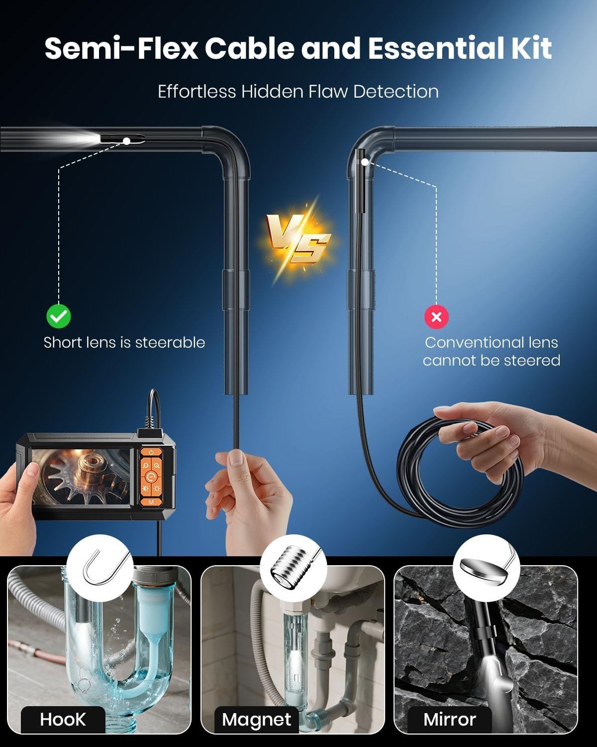 Endoscope Camera with Light, Borescope with 4.3" IPS Screen, 1080P HD, (5M) , e