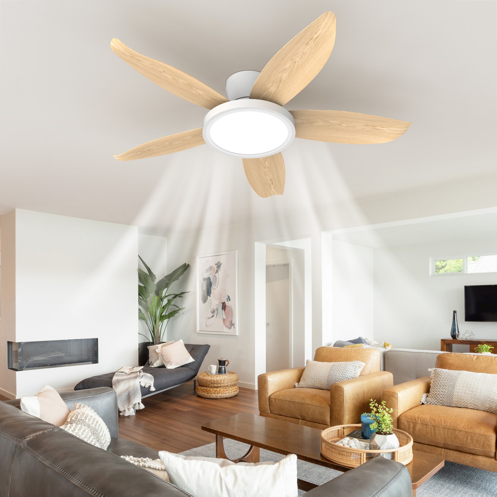 42" Low Profile White Ceiling Fan with LED Light Flush Mount Remote APP Control