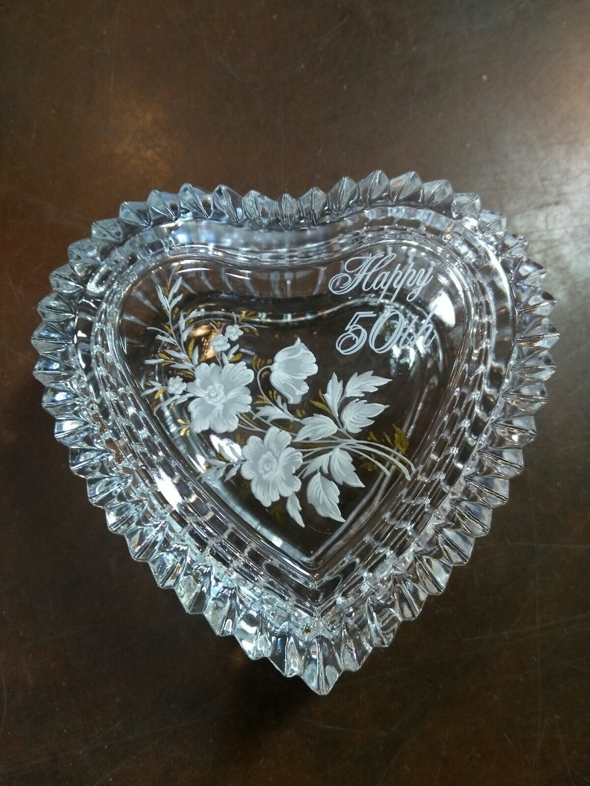 Heart shaped Clear Glass trinket box with lid says Happy 50th with flowers