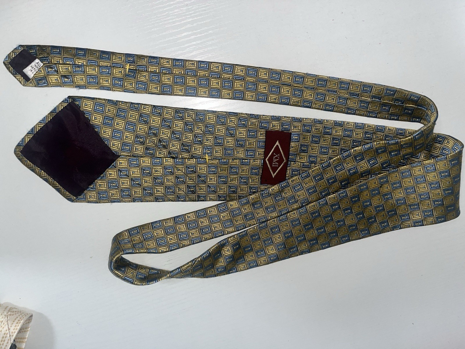 AXNY Silk Tie Gold Blue Geometric Pattern Classic Business Necktie